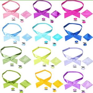 Crossover Bow Slipsar + Manschettknappar + Handkerchiefs Set 24 Färger Solid Färg Kors Slips För Pojkeflicka Slipsar Julklapp Gratis Frakt