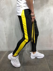 Mens High Street Clothing Black Yellow Red Side Strip Pants Elastic Slim Fit Joggers Free Shipping