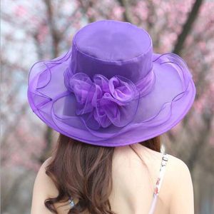 Kvinnor Kyrka Sun Hat Wide Brim Cap Bröllopsklänning Tea Party Floral Beach Caps Sommar Anti-Sun Hat