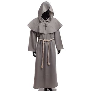 Theme Costume Medieval for Men Women Priest Cosplay Mantale Hood Cloak Monk Cowl Robes Outfits with Cross Necklace Set