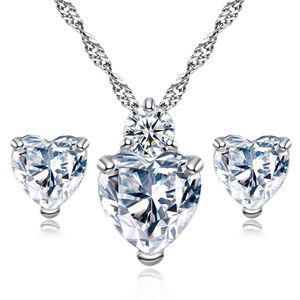 High quality CZ Heart necklace stud Earrings sets crystal Rhinestone Love pendant Charm Sterling silver Chain For women Fashion Jewerly