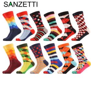 SANZETTI 12 Pairs/lot Men's Funny Colorful Combed Cotton Socks Red Argyle Dozen Pack Casual Happy Socks Dress Wedding Socks
