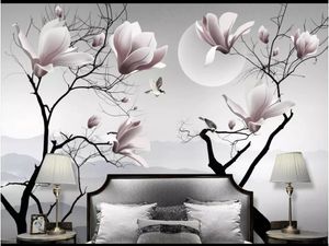 Partihandel-3d Foto Bakgrund Anpassad 3D väggmålningar Bakgrund Ny kinesisk Magnolia Flower Bird Wall Dekorativ Painting Wallpaper för väggar