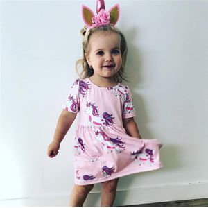 Dzieci butikowe odzież 2018 lato dzieci odzież kreskówka jednorożec różowy dziewczyny sukienki A-line baby girl sukienki jednorożca suknia dziecięca