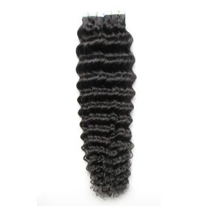 10-26" Deep Wave invisible Tape in Human Hair Extensions 8A 100g Black Virgin Brazilian Hair Skin Weft hair extensions remy tape 40 pieces