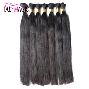 AliMagic Brazilian Straight Virgin Hair Extensions Natural Color 100g/Bundle Remy Bulk Hair, Human Hair Bulk For Braiding 12 Colors Optional