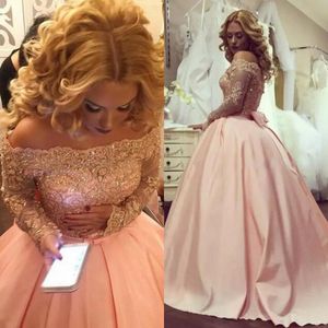 Arabic Plus Size Ball Gown Prom Dresses Bateau Neck Long Sleeves Crystal Appliques Satin Blush Pink Sparkly Evening Gowns Formal Dresses