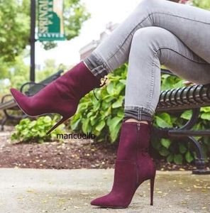 Concise Design Chic Burgundy Suede Stiletto Heels Ankle Boots Sexy Women Pointed Toe Cut-out booties Back Zip Sandal Booties Pretty Shoes