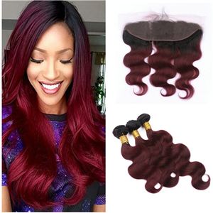 9A Dark Roots Black to 99j Burgundy Body Wave Human Hair Weaves With Lace Frontal Closure 4pcs/Lot Ombre Peruvian Virgin Hair Weft