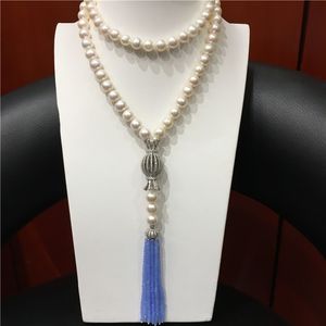 Hand knotted 75+15cm 8-9mm white freshwater pearl micro inlay zircon clasp blue glass tassel necklace fashion jewelry