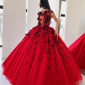 Ravishing Ball Gown Quinceanera Dresses Petals Applique Cap Sleeve Evening Gowns Glamorous Fluffy Tulle Prom Dress Dubai Evening Wear