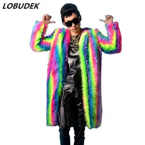 male costume rainbow Plush coat long jacket cool nightclub clothing outdoors slim wear performance show star dancer singer