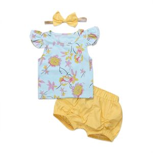 2018 Summer Newborn Baby Girl Clothes Set Flying Sleeves Floral Tops T-shirt +Shorts Bottoms Headband 3PCS Baby Outfits Cute Girls Clothes