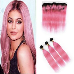 8a Quality Pink Hair 3 Bundles With Lace Frontal Silk Straight Human Hair Weaves With Lace Frontal Malaysian Virgin Hair With Lace Frontal