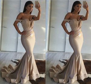 Cheap Champagne Hunter Mermaid Dresses Ruffles Off The Shoulder Long African Satin Wedding Guest Gowns Bridesmaid Dress 403