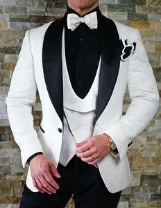 Не Brand New White Paisley Groom Tuxedos Жениха Groomsmen Blazer Мужчины Официальный ужин Пром костюм (куртка + брюки + луки Tie + Vest) NO: 206