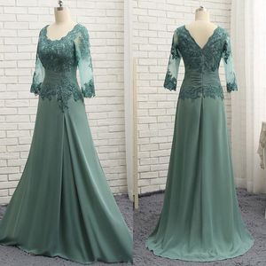 Elegant Teal Green Mor of the Bride Dresses 3/4 Långärmade Lace Appliqued Kvinnor Formell Kvällslitage För Bröllop Plus Storlek