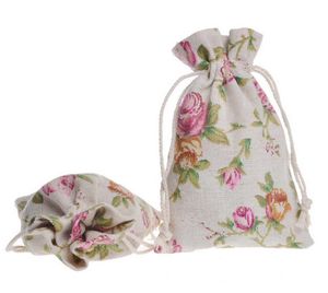 Drawstring Gift Bags Rose Pattern Linen Bags x14cm Burlap Jewelry Pouch for Wedding Party and DIY