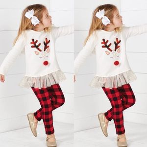 Set di abbigliamento natalizio per bambini Vestiti per neonata per bambini Maglietta per cervi Top Pantaloni scozzesi 2 pezzi Abiti natalizi per ragazze Abbigliamento boutique per bambini