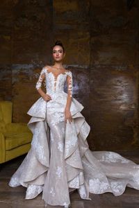 2018 Nya konstruerade sjöjungfrubröllopsklänningar med avtagbara tågspetsar appliqued brudklänningar illusion bodice country bröllopsklänning 2019