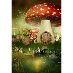 Fairytale Wonderland Big Mushroom House Barn Foto Bakgrund Tryckta Solrosor Stones Wood Bridge River Baby Kids Backdrop