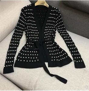 Novo design feminino outono europeu moda com decote em v manga longa faixas de miçangas artesanais de luxo cintura fina casaco de malha cardigãs
