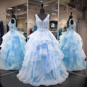Doce 16 Ano de Renda Quinceanera Vestidos de Tule Azul vestido de debutante 15 anos Vestidos de Baile V Neck Sheer Vestidos de Baile Para A Festa Babados