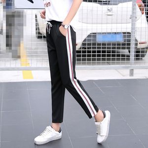 5 estilos Harem Calças Femininas Lado Calças Listrado Calças Preto Branco Elástico Solto Slim Pantalon Mujer S-XXL FEMME