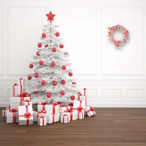 Frohe Weihnachten-Fotografie-Hintergrund, bedruckt, weiße Wandgirlande, rote Kugeln, Weihnachtsbaum, Geschenke, Familienfeier, Fotokabinen-Hintergrund