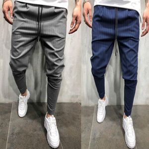 Byxor Nya Mens Skinny Slim Fit Bottom Striped Casual High Pants med Fickor Workout Hip Hop Track Byxor