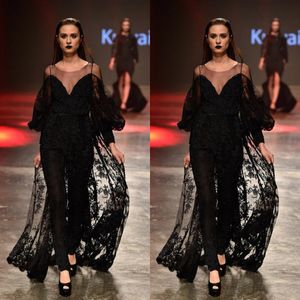 Black Jumpsuit Sexy Prom Dresses with Overskirts Sheer Neck Long Sleeve Formal Evening Dress Lace Beaded Party Gowns