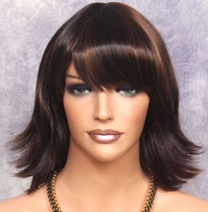 NEW STYLE Short flip out w. BANGS Full WIG Brown mix 4/27 UM Hair Piece NWT