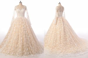 Stunning Champagne Wedding Dress Cheap 2018 Plus size With Long Sleeves Beaded Hollow Back Sheer Neck Lace Wedding Gowns New