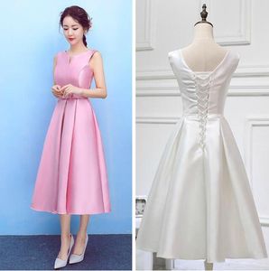 Satin Pale Mauve Elegant Real Picture Tea-Length Sheer Crew Sleeveless Formal Party Bridesmaid Dresses