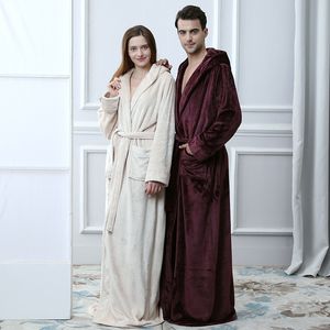 Lovers Flannel Hooded Maxi Long Belt Pocket Bathrobe Men And Women's Thick Warm Kimono Robes Winter Solid Couple Dressing Gown