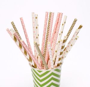 (100 peças / lote) Palhas de papel de ouro rosa para mesa de casamento decoração bolo pirulito varas