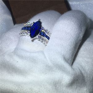 Handgefertigter Marquise Cut 5ct Blue 5A Zirkon Cz 925 Sterling Silber Verlobungs-Ehering für Frauen Schmuck