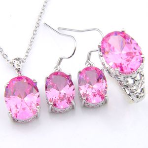 Luckyshine 3 Pçs / set Jóias Clássicas Rosa Kunzite Gems 925 Colar de Prata Esterlina EUA Israel Casamentos Noivado Conjunto de Jóias Pingentes de Anel