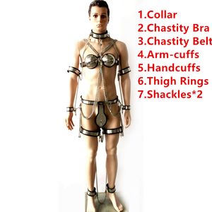 Dispositivo di castità 8in1 (colletto + manette + reggiseno + polsini + cintura di castità + anelli per la coscia + catene) Pantaloni di castità Sex Fetish Bondage Toys per uomini G89