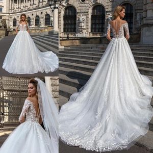 Domanda di nozze in pizzo una linea Sheer Neck Appliqued Robe de Mariee Long Maniche Chiesa da sposa abiti da sposa