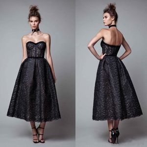 Berta 2020 Black Evening Dresses Sweetheart Lace Appliques Prom Gowns Custom Made Tea Length A Line Special Occasion Dress