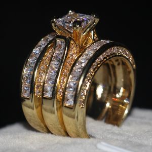 Ręcznie robiony biżuteria 3-w 1 pierścionek zaręczynowy 5A cyrkon CZ Yellow Gold 925 Sterling Silver Wedding Band Ring Set dla kobiet Mężczyźni