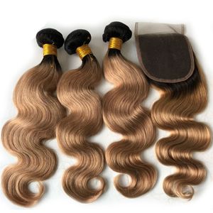 European Human Hair Body Wave Ombre 3 Bundles With Closure 1B/27# Honey Blonde Closure With Hair Weaves Gold Blonde Dark Roots Hair