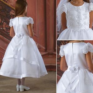 White First Communion Dress Flower Girls' Dresses for Wedding Short Sleeve Bow Sash Appliques Lace Tea-Length Wedding Party Gowns