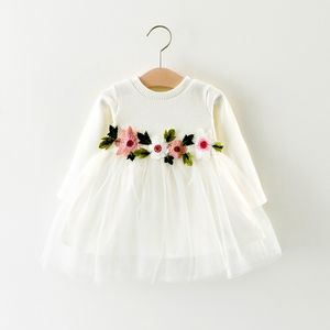 Roupa de garotas para criança roupas de algodão de manga longa vestido de costura de princesas vestido de flor 0-3y