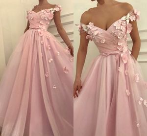 2019 3D Flowers Pearls Prom Dresses Graduation Dress Off Shoulder Cap Sleeve Pleats Bow Empire Waist A-line Evening Gowns Formal Dress