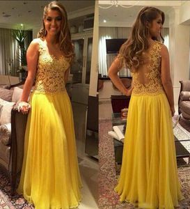 2018 lllusion amarelo vestidos de noite sheer com appliqued beading plissados ​​chiffon longo prom dress formal vestidos de festa