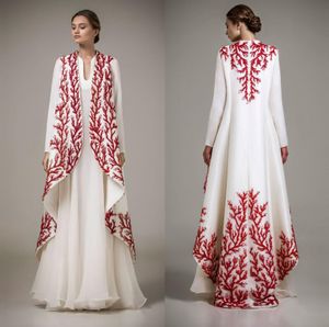 Elegant White And Red Applique Evening Dresses Ashi Studio Long Sleeve A Line Prom Dresses Formal Wear Women Cape Party Gowns HY355