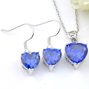 Luckyshine 925 Silver Necklaces and Earrings Jewelry Sets Heart Blue Topaz Gems For Women Party Birthday Gifts Sets