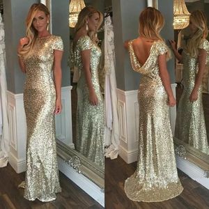 2019 Sparkly Gold Sequined Dresses Evening Wear Jewel Neck Capped Sleeves Cowl Back Mermaid Prom Dresses Custom Made